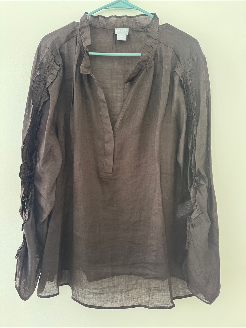 Chico's Dark Brown Sheer Ruffle-Sleeve Tunic Sz 3